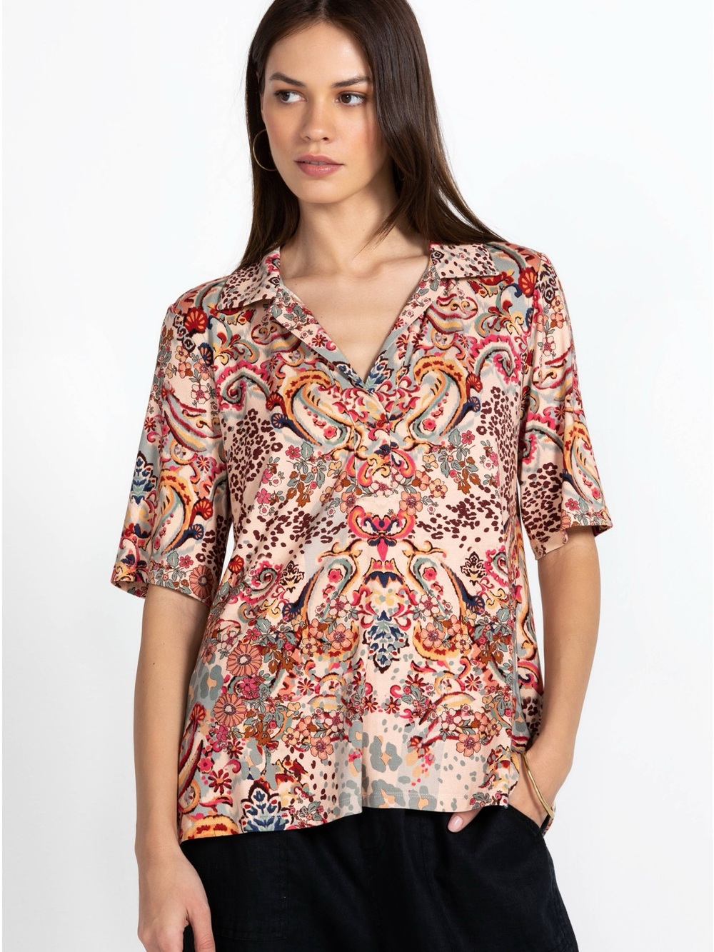 Johnny Was Jungle Paisley Polo Swing Tee XS